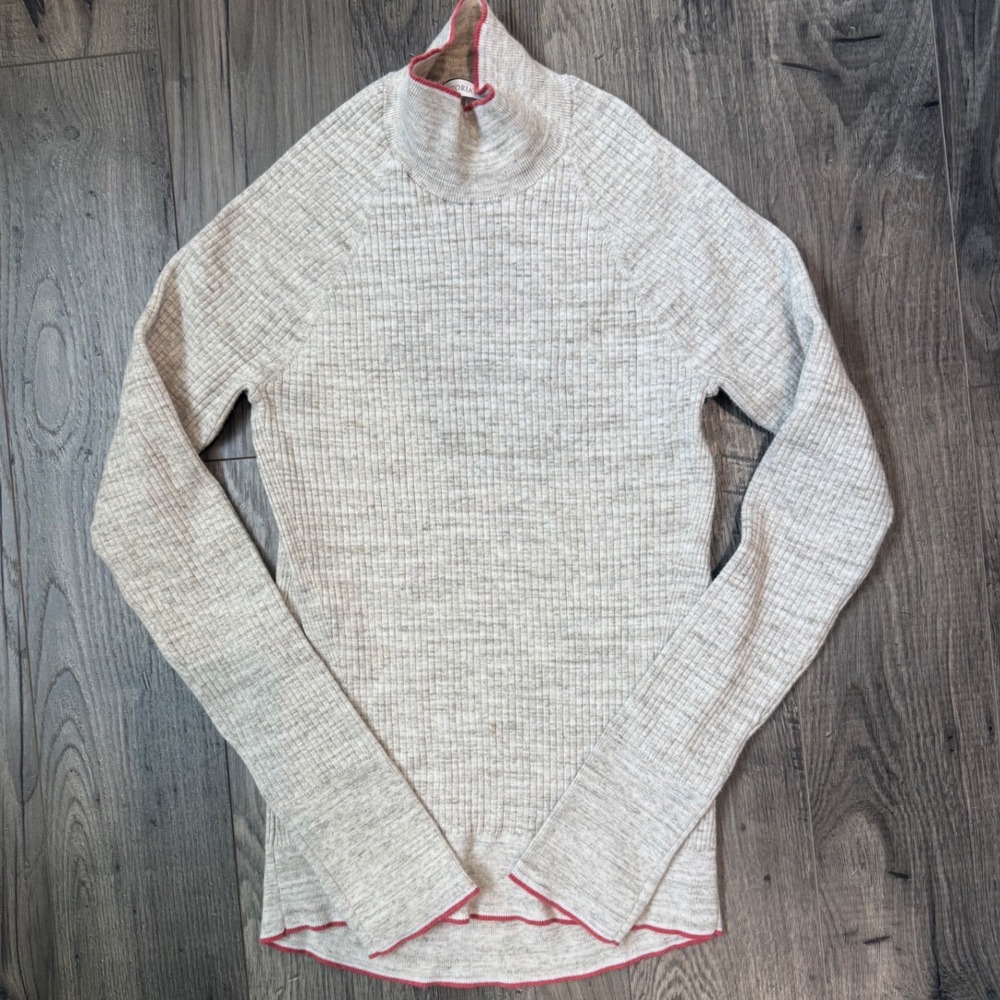 Victorias Secret Ribbed Mock Neck Long Sleeve Top Heathered Beige Pink Trim L G‎